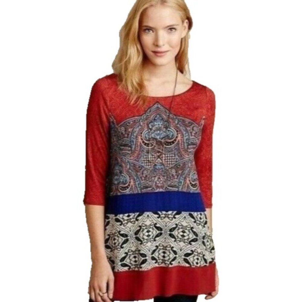 Anthropologie Akemi + Kin Womens Gia Tunic Top Medium Red Blue Paisley BOHO